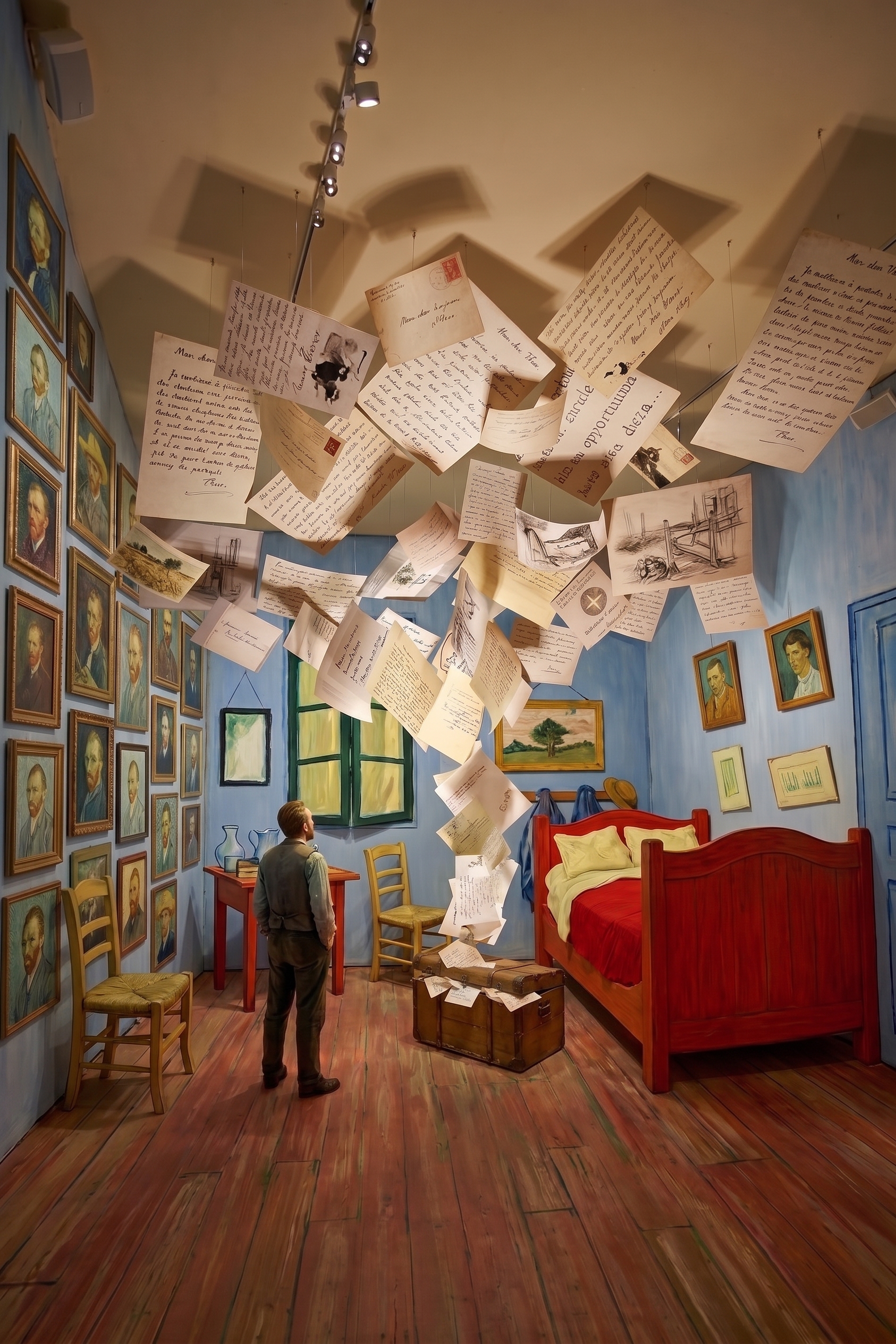 Recreación de la Habitación de Vincent en Arles con cartas suspendidas